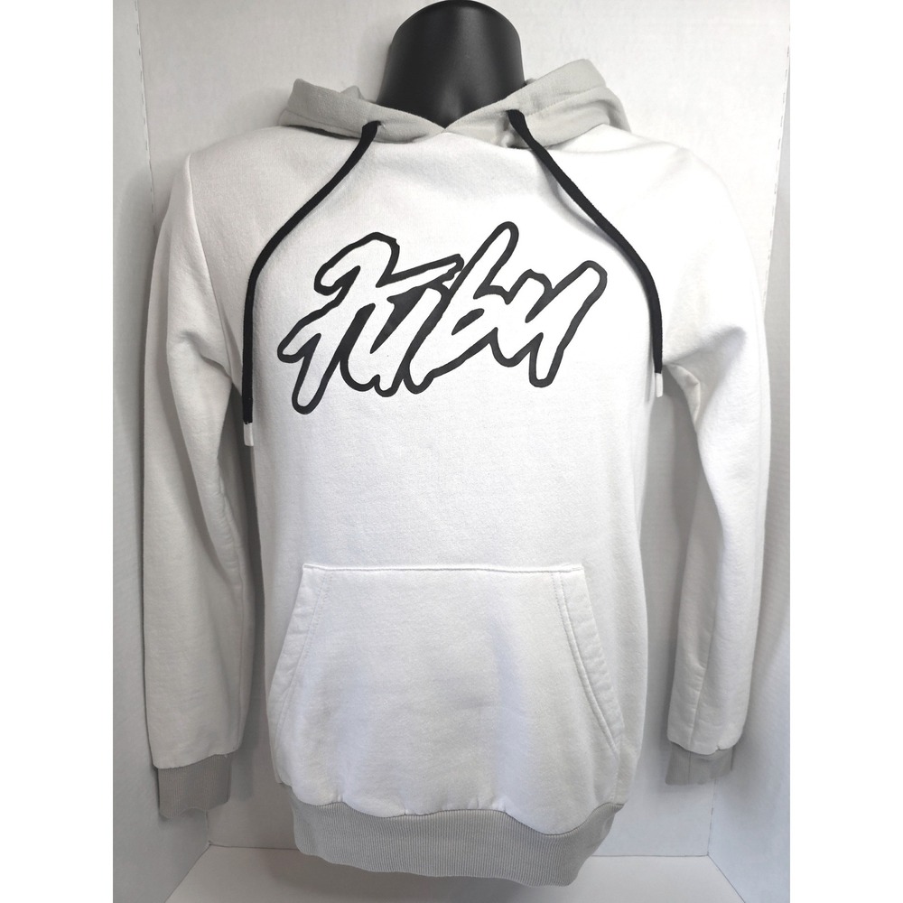 FUBU Mens Script Logo Hoodie‎ White Grey Sweatshirt XS 30-32 Streetwear